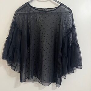 Express Flocked Sheer Polka Dot Mesh Top Medium‎ Bell Sleeves Fairy Whimsigoth